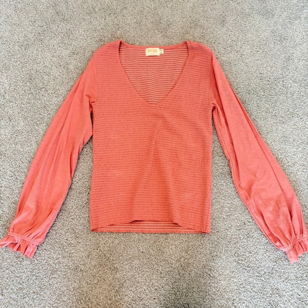 Nation LTD Smocked Long Sleeve Top Womens M Pink Pima Cotton V Neck Cute Casual